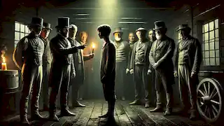 Plantation owners gather in a dimly lit room, pointing at a young worker chosen as the sacrifice.