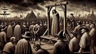 A gallows stands as villagers gather for the execution of an accused witch during the Salem Witch Trials.