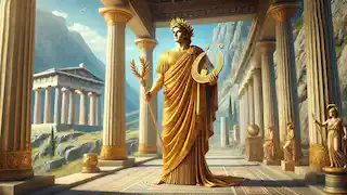 Apollo at Delphi, holding his lyre, establishing the Oracle in a sunlit temple.