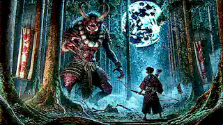 Haruto faces the towering Oni in a dense forest, aiming his bow with courage and determination.