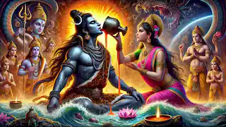 Lord Shiva drinks the deadly Halahala poison with Parvati by his side to stop its spread.