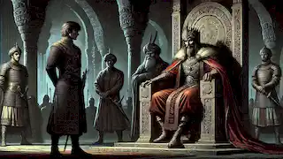 Siyâvash stands before Afrâsiyâb's throne as the court watches tensely, with Garsivaz casting a sly, manipulative smile.