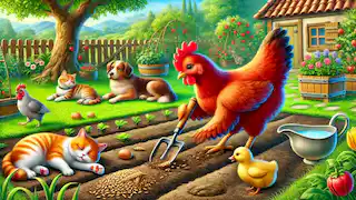 The Little Red Hen planting wheat in her garden, while the lazy cat, dog, and duck watch without helping