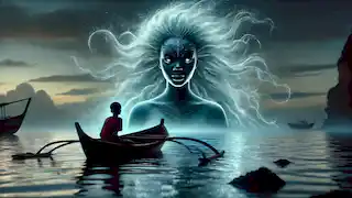 Ndongo, a fisherman, sees the sea goddess Kianda rising from the ocean at dusk, glowing with mystical light.