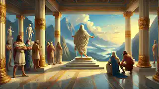 Zeus stands on a balcony overlooking the world as other gods gather around him, signaling the start of the Olympian era.