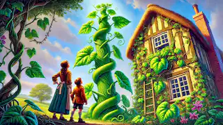 The giant beanstalk growing outside Jack's window, reaching high into the sky.