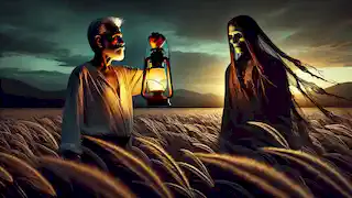 Manuel holds a lantern, confronting El Silbón in a twilight field with tall grass swaying in the wind.