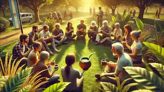 A diverse group of people sharing a gourd of yerba mate in a modern-day park.