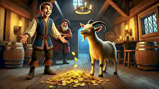 Hans with the magical goat that produces gold coins while the innkeeper watches from the shadows.