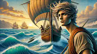 Theseus stands at the prow of the ship as it approaches Crete, the sea a vibrant blue with the setting sun casting golden light.