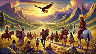 The people of Aztlan journey through rugged landscapes, carrying belongings, guided by a golden eagle soaring above.