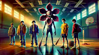 The boys stand defensively in Hawkins Middle School's gym, facing the menacing Demogorgon in the dark room.