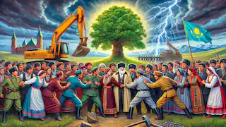 Villagers block construction machinery near the sacred Borik tree as stormy skies and lightning loom dramatically.