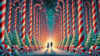 Marie and the Nutcracker Prince walk through the glowing Peppermint Forest, with candy-striped trees and falling snow.