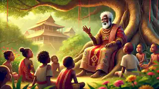 An elderly King Osei Tutu shares his story with children, sitting under a large tree in a vibrant garden.