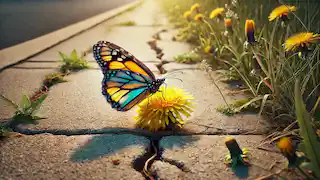 A butterfly perched on a dandelion on a cracked sidewalk