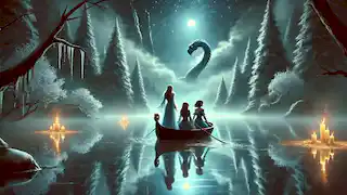 The princesses glide across the Crystal Lake in an ice boat, with a serpent’s reflection visible beneath the water.