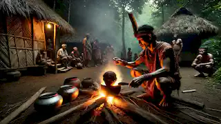 A Shuar warrior sits by a fire, preparing the skin of an enemy's head as part of the sacred Tsantsa-making ritual.