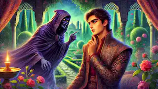 Zahhak meets Ahriman in a lush Persian garden, foreshadowing his descent into darkness.