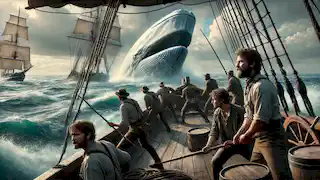  A whaling crew preparing to face the white whale Mocha Dick, gripping harpoons as the whale approaches.