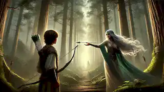  A mystical scene in a Persian forest where the enchantress Ahrisha offers Mehrdad a Poisonous Arrow.