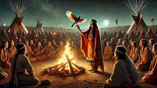 The Lakota people gathered around a fire performing the Ceremony of the Mockingbird.