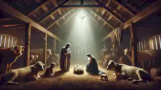 Mary and Joseph with the newborn Jesus in a stable, visited by the magi presenting gifts.