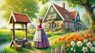 Katrina Van Tassel, a young woman in traditional dress, standing by a farmhouse.