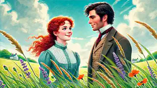 Anne Shirley and Gilbert Blythe standing together in a field, smiling at each other with a sense of reconciliation.