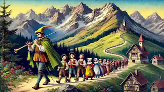 The Pied Piper leading the children out of Hamelin.