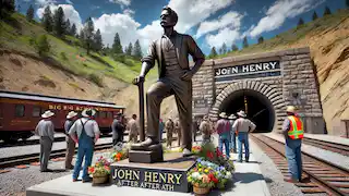 A life-sized statue of John Henry stands at the tunnel entrance, as workers pay their respects.