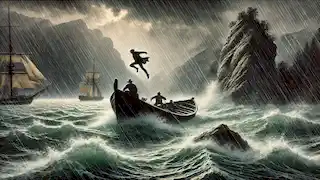 William Tell escaping from a boat during a storm on Lake Lucerne.