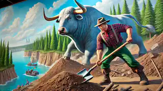 Paul Bunyan and Babe the Blue Ox digging the Great Lakes.