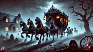 The Cóiste Bodhar, a black coach, pulled by six ghostly horses races through mist as a woman watches in fear.