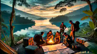 Diego and his team setting up camp by Lake Guatavita at dawn.