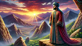 Key Khosrow stands on a mountain cliff at sunset, looking out to the horizon in contemplation.