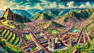 Aerial view of the ancient city of Cusco, surrounded by the Andes Mountains.