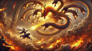 Lu Fei leaps mid-air, striking the Nine-Headed Bird with a celestial spear in a fiery battle.