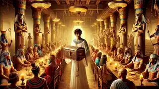 Seth presenting an ornate golden chest during a grand feast, surrounded by Egyptian gods and goddesses.