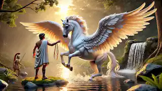 Bellerophon gently approaches Pegasus with a golden bridle by a serene Greek spring at dawn.