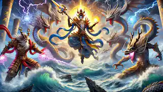 Nezha battles the four Dragon Kings amidst massive waves and lightning in an intense clash.