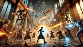 An intense magical battle in a grand hall with wizards clashing, spells flying, and debris in the air.