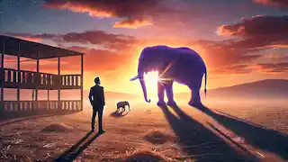 The protagonist witnesses the shrunken, ghostly figures of the elephant and its keeper in the enclosure at sunset