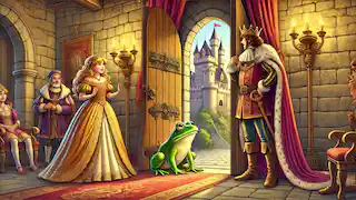 The frog stands at the castle door as the princess and the king look on in surprise.