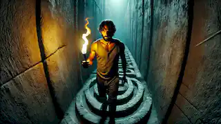 Theseus walks through the dark corridors of the labyrinth, holding a torch and unraveling a ball of thread.