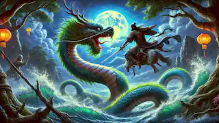 Alpamys battles a massive serpent in a turbulent river, wielding his sword on his rearing horse, Bai Shubar.