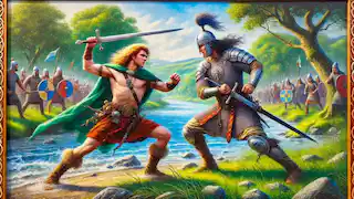 Cú Chulainn and Ferdiad engage in a fierce and tragic duel.