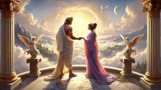 Zeus and Hera stand on a marble balcony, reconciling under a golden sky with clouds and divine birds in the background.