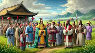 Emperor Zhao meets with villagers in the countryside, displaying humility and compassion.