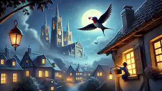 A swallow flies through the night carrying a ruby, with a cathedral and city rooftops below.